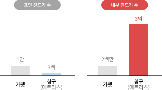 표면 진드기 수:카펫:1만,침구(매트리스):3백 / 내부 진드기 수:카펫:2백만/침구(매트리스):3억